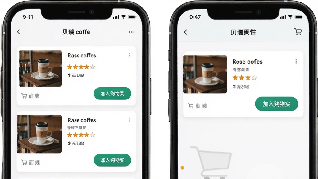 贝瑞咖啡APP在手机上的操作界面截图风格,画面展示手机屏幕中门店列表与购物车页面,主体为手机与界面元素,布局采用左右分栏排版,风格为写实UI展示,细节包括门店卡片、评分星级、加入购物车按钮,画质清晰,干净无多余元素