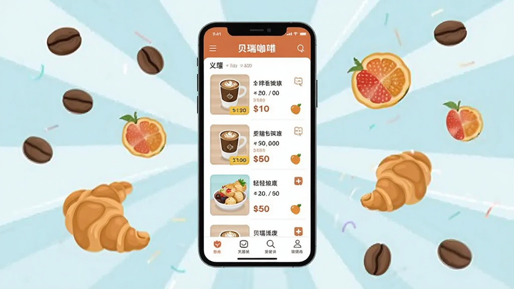 贝瑞咖啡手机APP菜单界面展示,画面中央是手机屏幕显示多种咖啡饮品和轻食列表,周围漂浮着咖啡豆、牛角包、水果等元素,主体为手机与饮品,布局采用中心辐射式排版,风格为扁平化插画,细节包括饮品缩略图、价格标签、分类图标,画质清晰,干净无多余元素