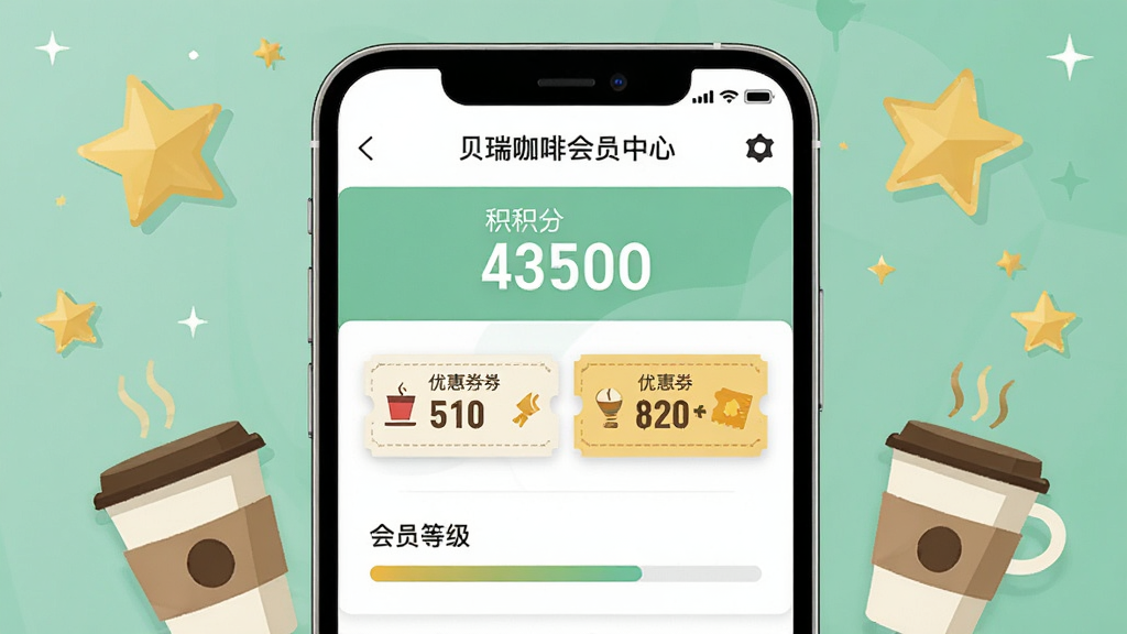 贝瑞咖啡会员中心界面展示,画面主体为手机屏幕显示积分、优惠券和会员等级,背景有金色星星和咖啡杯装饰,布局采用上下分层排版,风格为清新扁平化设计,细节包括积分数字、优惠券卡片、等级进度条,画质高清,干净无多余元素