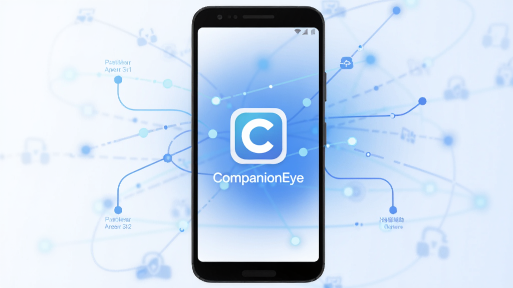 一个简洁现代的安卓手机屏幕界面,中央展示 CompanionEye 应用图标与名称文字,背景为柔和的蓝白渐变色调,手机周围环绕着连接线与数据点,象征设备互联与智能辅助,整体布局居中对称,风格为扁平化科技感,细节清晰,画质干净,无多余元素
