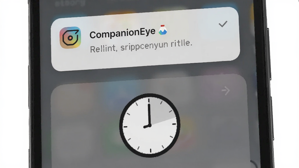 一个手机屏幕特写,展示 CompanionEye 的提醒通知界面,主体为通知卡片与时钟图标,布局为上下排列,风格为现代扁平化 UI 设计,细节包含柔和阴影与圆角元素,画质干净清晰,无多余元素