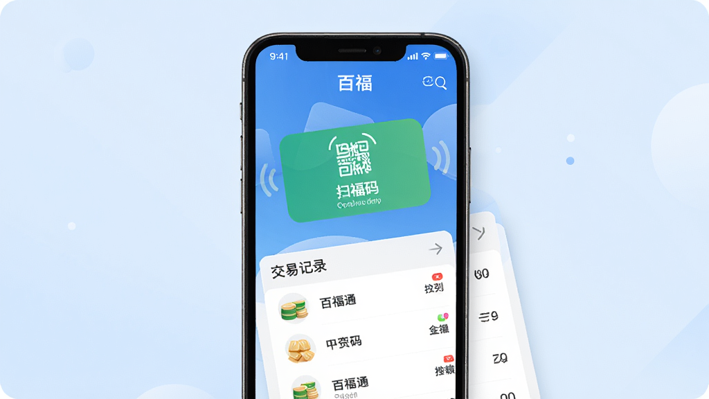 百福通移动收款应用主界面预览图:画面中央展示一部智能手机,屏幕内呈现百福通APP的收款首页,包含扫码收款按钮和交易记录列表,背景为简洁的浅蓝色渐变,风格清爽商务,细节清晰,画质干净,无多余元素