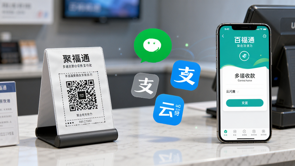 百福通多通道聚合收款功能展示图:画面中展示一个商户柜台,桌面上放置着打印好的聚合收款码牌,旁边有一部手机显示百福通收款成功界面,画面中有微信、支付宝、云闪付的抽象图标漂浮,风格现代商业,细节丰富,画质清晰,干净无杂乱