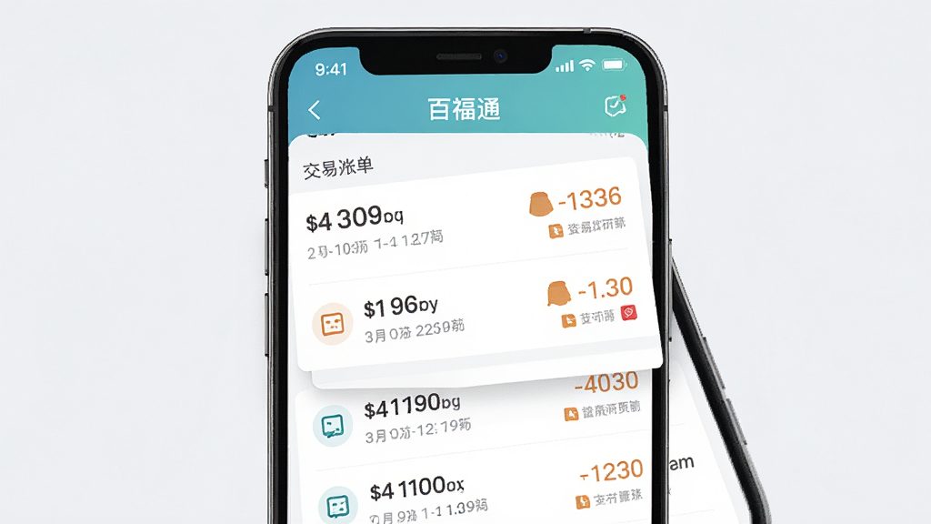 百福通交易流水查询界面示意图:画面展示手机屏幕内百福通APP的账单页面,列表清晰展示多笔收款记录,包含金额、时间、支付方式图标,界面风格简洁专业,色彩柔和,画质干净,无多余装饰