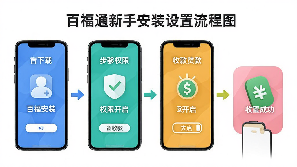 百福通新手安装设置流程图:画面以信息图形式展示手机屏幕从下载安装到权限开启再到收款成功的四个步骤,风格简洁教育,图标清晰,色彩明快,画质干净,无多余元素