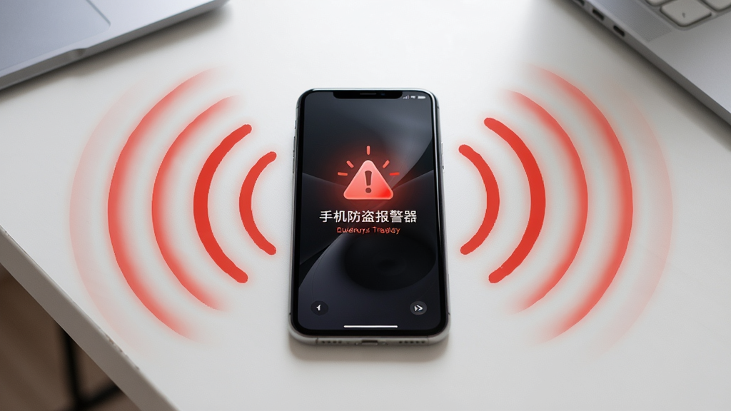 手机防盗报警器智能感应报警功能展示,画面中一部手机放置在桌面上,周围有红色波纹状感应信号向外扩散,手机屏幕显示警报触发状态,主体为手机和感应波纹,布局为手机居中,排版突出感应范围,风格为科技感写实风,细节包括波纹渐变和手机界面警报图标闪烁,画质高清,干净,无多余元素