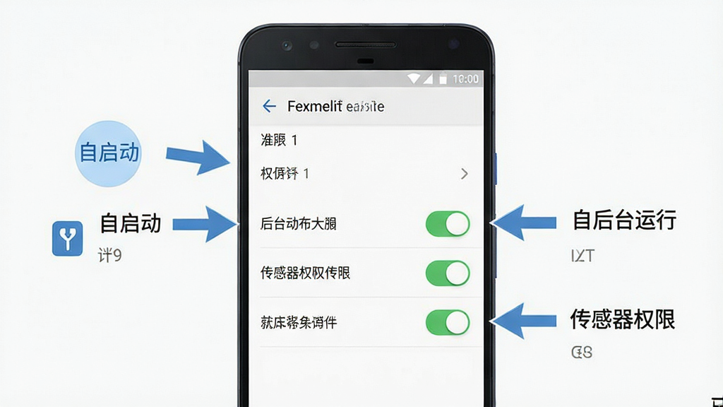 手机防盗报警器使用指南示意图,画面中一部安卓手机屏幕显示权限设置页面,旁边有箭头指向自启动、后台运行、传感器权限等开关按钮,主体为手机与设置界面,布局为手机居中配合标注箭头,排版清晰明了,风格为扁平化教程风,细节包括权限图标和开关状态高亮,画质高清,干净,无多余元素