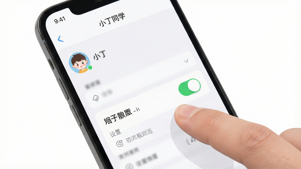 画面展示手机屏幕显示“小丁同学”设置界面,手指正在点击权限开关,背景为简洁白色,界面元素清晰,风格扁平化,细节锐利,4K画质,干净无多余元素