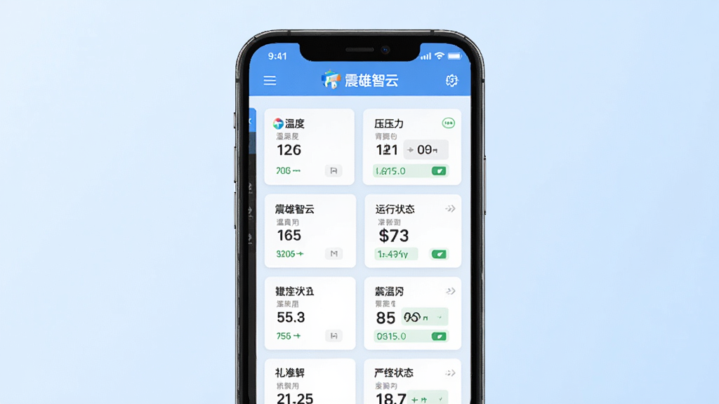 震雄智云实时设备监控界面展示图,画面展示手机屏幕中震雄智云APP的设备状态列表,每台注塑机以卡片形式呈现温度、压力、运行状态等数据,背景为淡蓝色渐变,风格简洁现代,细节清晰,画质干净,无多余元素