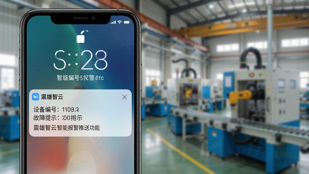 震雄智云智能报警推送功能示意图,画面展示手机锁屏界面弹出震雄智云报警通知,通知内容包含设备编号与故障提示,背景为工厂车间虚化场景,风格写实,细节清晰,画质干净,无多余元素