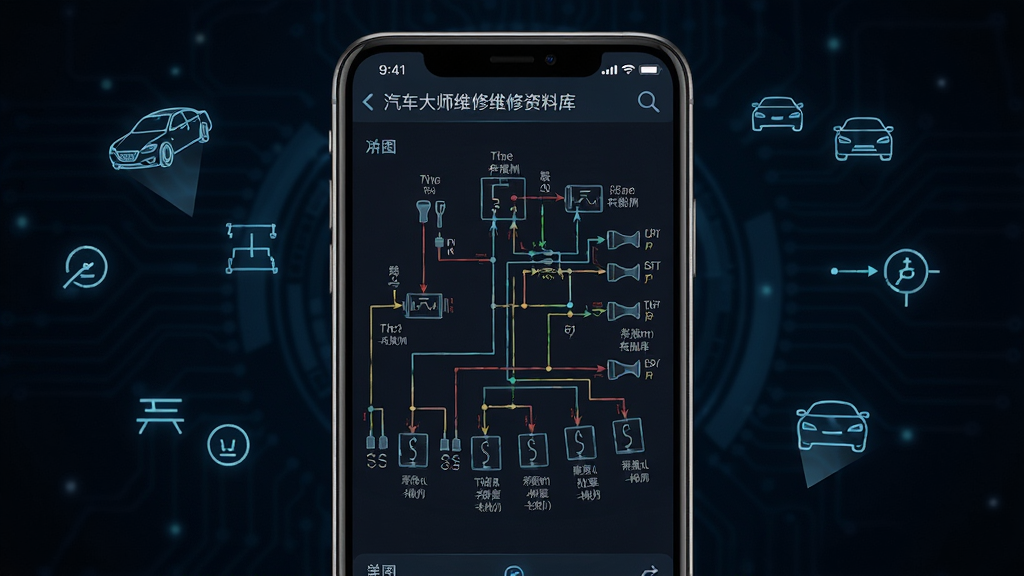 汽车大师维修资料库界面,手机屏幕显示电路图页面,线条清晰标注各元件位置,旁边有文字说明和放大镜图标,背景为深色科技风格,有汽车电路符号漂浮,整体排版整洁,画质高清,无多余元素