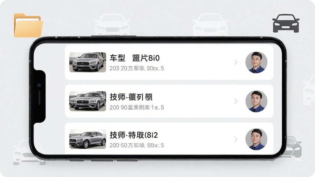 汽车大师真实维修案例库界面,手机屏幕显示案例列表,每条案例有车型、故障标题和技师头像,背景为浅灰色,有文件夹和汽车图标装饰,风格简约商务,排版清晰,画质干净,无多余元素