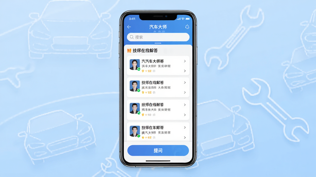 汽车大师软件主界面展示,画面中央是一部智能手机,屏幕显示汽车大师APP的问答首页,顶部有搜索栏,中间是技师在线解答列表,底部有提问按钮,背景为浅蓝色渐变,周围点缀汽车轮廓线条和扳手图标,整体风格简洁科技感,干净清晰,画质细腻,无多余元素
