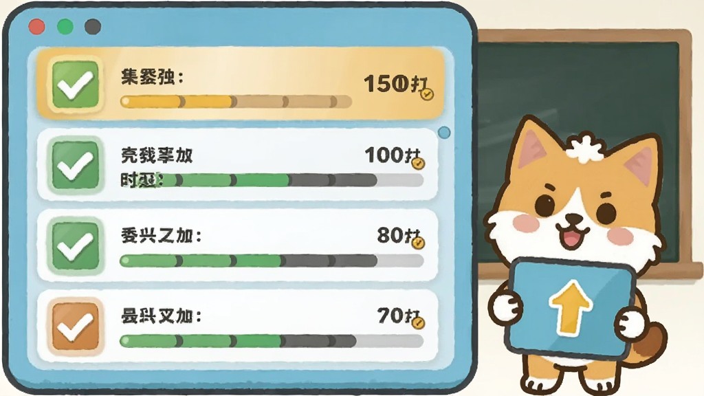 画面中央是一块积分任务面板,面板上列出多个任务条目与积分数字,旁边有卡通宠物举着积分牌,背景为教室黑板,布局上任务面板居左、宠物居右,风格扁平插画风,细节包含勾选图标、积分数字、进度条,画质高清,干净,无多余元素
