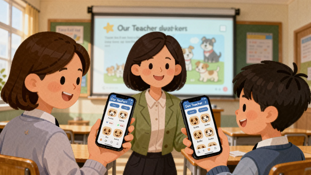 画面中央是老师与学生在教室中各自使用手机互动的场景,手机屏幕显示Our Teacher班级界面,背景为明亮教室,布局上人物分列两侧、中间是班级宠物园投影,风格温馨插画风,细节包含微笑表情、手机界面元素、班级宠物图标,画质高清,干净,无多余元素