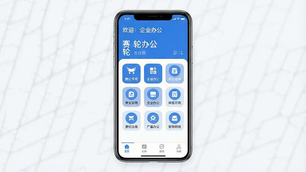 一张展示赛轮办公移动端应用界面的概念图,主体为一部竖屏智能手机,屏幕内呈现蓝白配色的企业办公应用首页,布局包含顶部欢迎语、中部功能图标网格和底部导航栏,排版简洁有序,风格现代商务扁平化,细节上图标圆润、文字清晰、留白充足,画质高清干净,无多余元素,画面中可带有“赛轮办公”字样