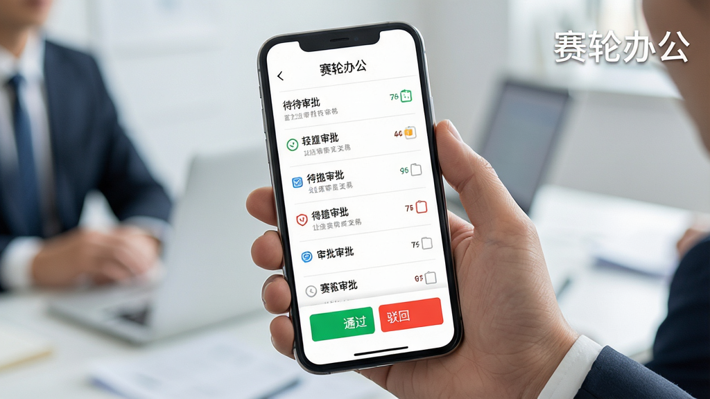 一张表现移动审批场景的商务风格图片,主体为一只手握持智能手机,屏幕显示待审批列表和通过驳回按钮,布局采用中心构图,排版上手机占据画面主要位置,风格简洁商务,细节上按钮颜色分明、列表条目清晰,画质高清干净,画面中可带有“赛轮办公”字样
