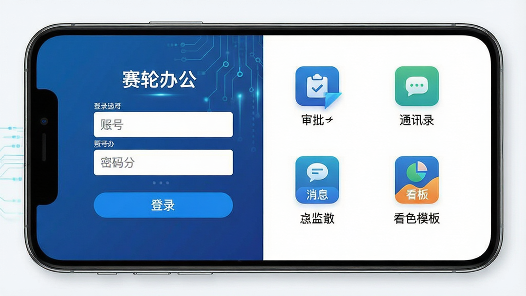 一张展示赛轮办公应用登录界面与功能模块组合的示意图,主体为手机屏幕特写,布局左侧为登录框右侧为功能图标,排版对称平衡,风格科技商务,细节上登录框带有账号密码输入框和登录按钮,图标区域包含审批、通讯录、消息、看板等标识,画质高清干净,画面中可带有“赛轮办公”字样