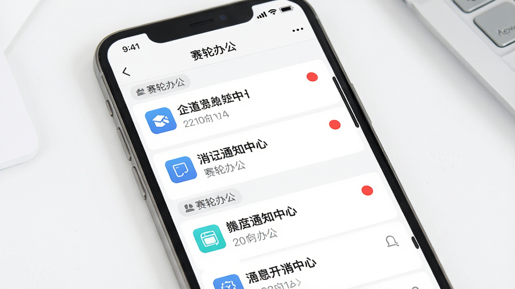 一张展示企业消息通知中心界面的图片,主体为手机屏幕内的消息列表,布局为纵向排列,排版上每条消息带有图标、标题和时间,风格清新简约,细节上未读红点醒目、分类标签清晰,画质高清干净,画面中可带有“赛轮办公”字样