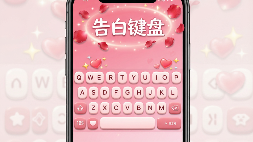 一张展示告白键盘软件主界面的手机屏幕截图,画面中央是带有粉色渐变背景的键盘皮肤预览,键盘按键呈圆润糖果造型,按键上方漂浮着爱心与星光装饰,屏幕顶部显示“告白键盘”四个白色艺术字体,周围环绕玫瑰花瓣与光晕效果,整体风格甜美浪漫,画质清晰明亮,构图简洁干净,无多余杂乱元素
