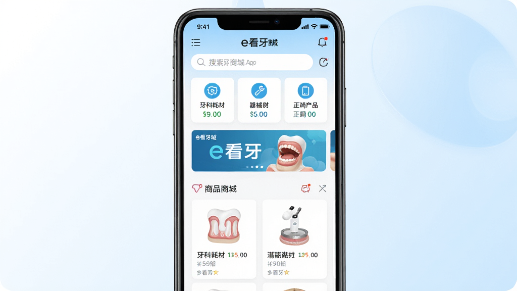 一幅展示e看牙商城APP首页界面的手机屏幕截图,画面中央是一部竖屏智能手机,屏幕上显示e看牙商城的商品分类页面,包含牙科耗材、器械、正畸产品等分类图标,背景是干净的白色与浅蓝色渐变,布局简洁清晰,风格现代商务,细节包括搜索栏、轮播横幅、商品卡片,画质高清,干净,无多余元素