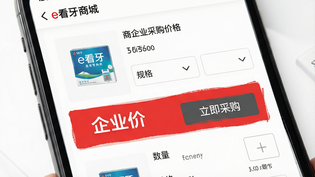 一张展示e看牙商城企业采购价格页面的手机截图,画面中央是一部智能手机,屏幕上显示商品详情页,价格区域用醒目的红色标注