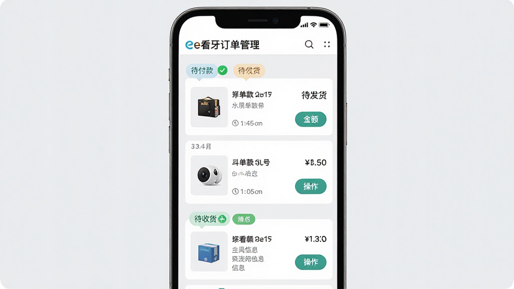 一幅展示e看牙商城订单管理界面的手机截图,画面中央是手机屏幕,显示订单列表页面,包含待付款、待发货、待收货等状态标签,每个订单卡片上有商品缩略图、订单号、金额和操作按钮,背景是浅灰色,布局整齐,风格简约商务,细节包括状态图标、时间戳、物流信息,画质高清,干净,无多余元素