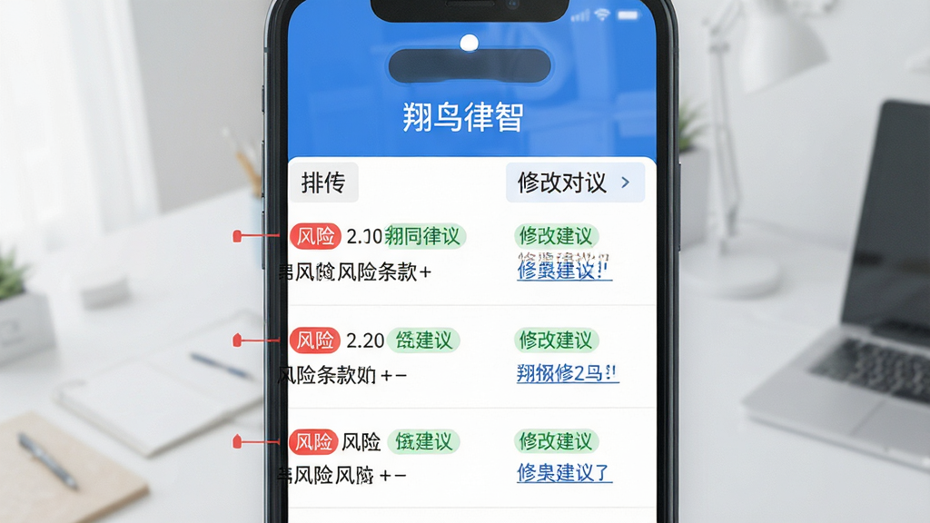 翔鸟律智移动端操作界面展示图,主体为手机屏幕,布局为合同审查结果页,排版为风险条款列表与修改建议对照,风格为清爽蓝色调,细节包括红色风险标签、绿色建议标签、条文引用链接,画质高清干净无多余元素,画面中文字标注“翔鸟律智”