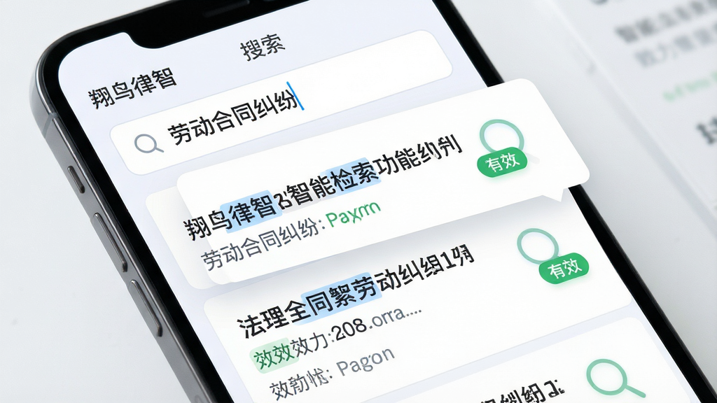 翔鸟律智智能法规检索功能展示图,主体为手机屏幕特写,布局为搜索框输入“劳动合同纠纷”后弹出多条法规联想结果,排版清晰分列条文标题与效力状态,风格为清爽浅色UI,细节包括放大镜图标、蓝色高亮关键词、绿色有效标识,画质高清干净无多余元素,画面中文字标注“翔鸟律智”