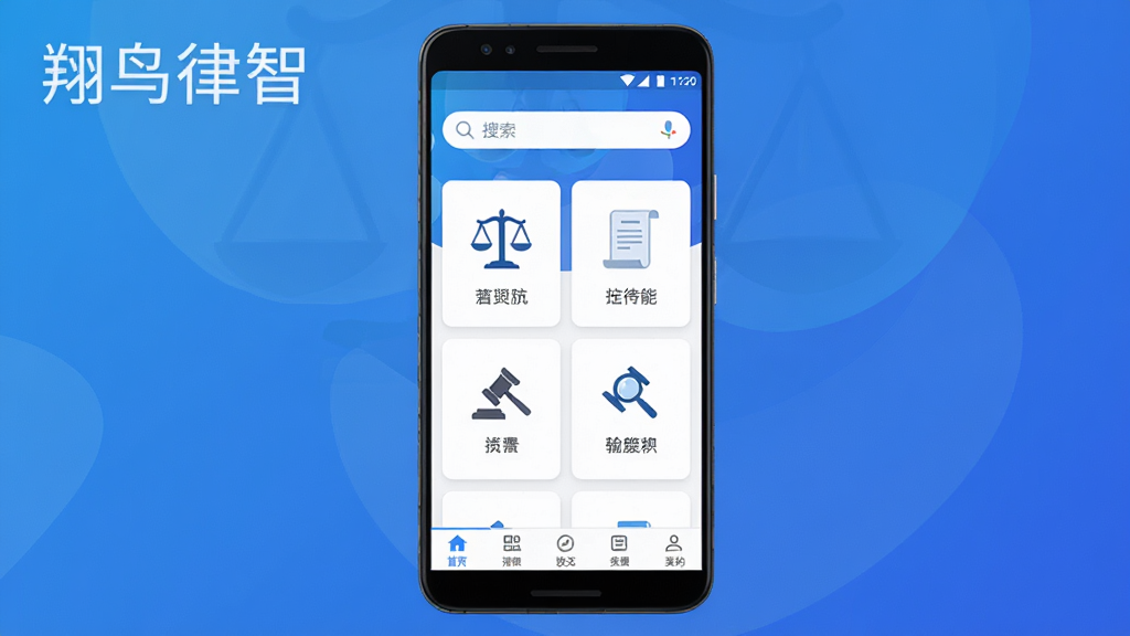 翔鸟律智软件主界面预览图,主体为一部安卓手机,布局居中展示应用首页,排版为上方搜索栏、中部功能卡片、底部导航栏,风格为现代简约商务风,细节包括法律天平图标、合同文档图标、蓝色渐变背景,画质高清干净无多余元素,画面中文字标注“翔鸟律智”