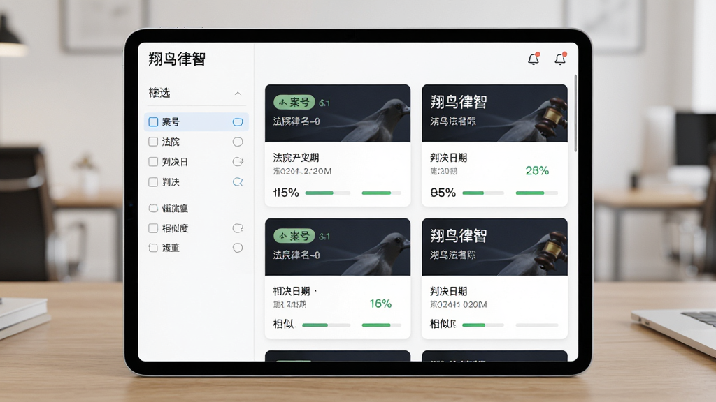 翔鸟律智案例智能匹配功能界面图,主体为平板电脑展示案例列表,布局为左侧筛选条件、右侧案例卡片流,排版为卡片式分布,风格为商务极简风,细节包括案号标签、法院名称、判决日期、相似度百分比,画质高清干净无多余元素,画面中文字标注“翔鸟律智”