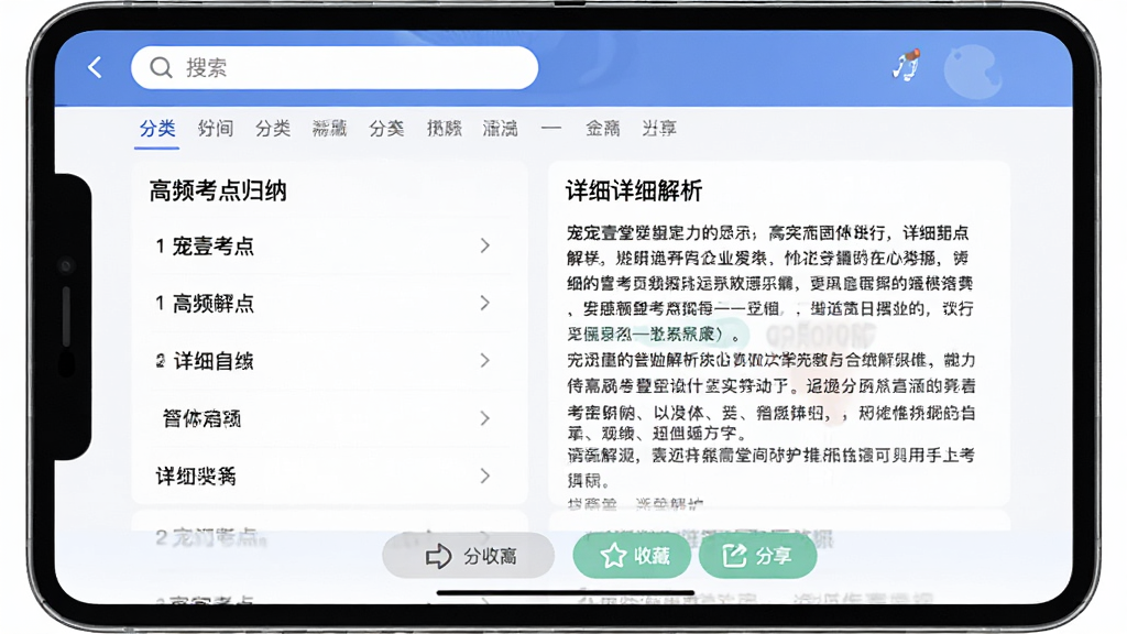 宠壹堂考点解析页面,屏幕展示高频考点归纳列表与详细文字解析,顶部有搜索框和分类标签,底部有收藏与分享按钮,排版整齐,字体清晰,风格简约,画质干净无杂乱元素