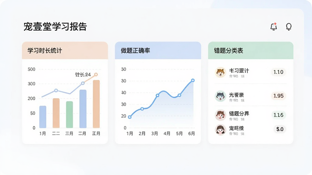 宠壹堂学习报告页面,展示学习时长统计图表、做题正确率折线图与错题分类列表,界面采用卡片式布局,配色柔和,数据清晰直观,画质干净,无多余元素
