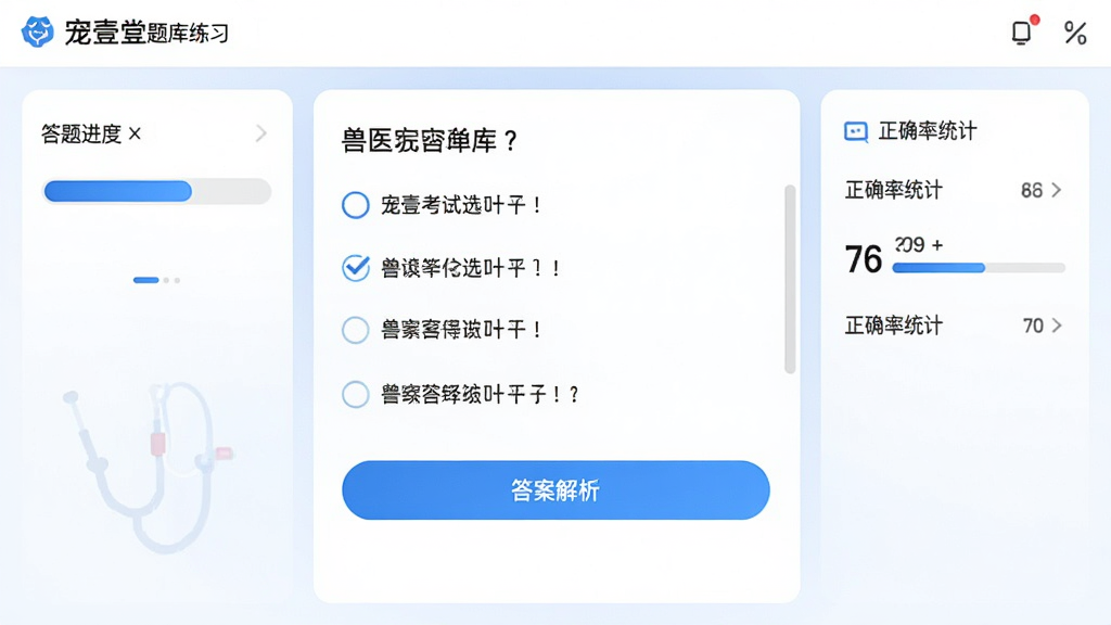 宠壹堂题库练习界面,画面中央为一道兽医考试选择题,选项下方有答案解析按钮,左侧显示答题进度条,右侧显示正确率统计,界面风格清爽,蓝白色调,布局规整,画质清晰干净
