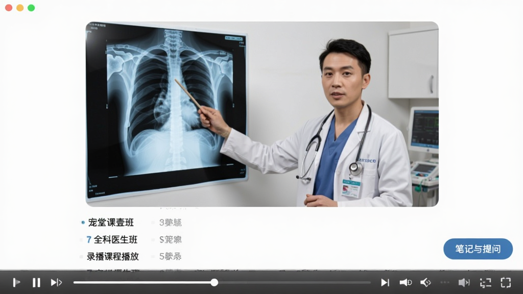 宠壹堂全科医生班录播课程播放页面,视频画面为兽医讲师讲解宠物X光片,下方有课程目录列表与播放控制条,右侧有笔记与提问按钮,整体风格专业简洁,画质清晰,无多余装饰元素