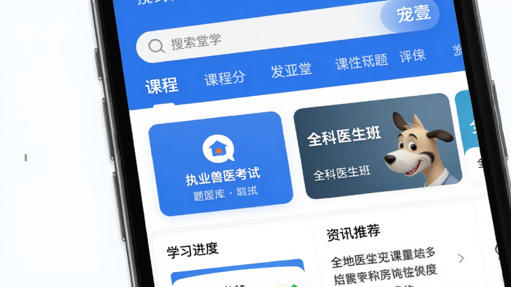 手机屏幕展示宠壹堂应用主界面,上方为搜索栏与课程分类导航,中部为执业兽医考试题库入口和全科医生班课程卡片,底部为学习进度与资讯推荐,整体采用蓝白配色,风格简洁专业,细节清晰,画质干净,无多余元素