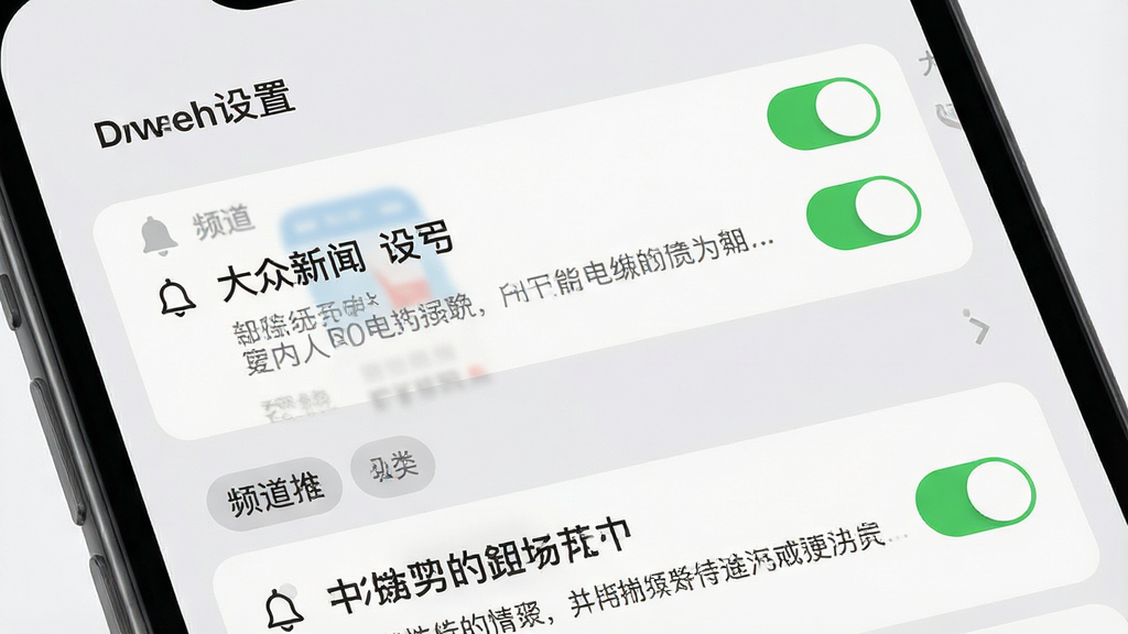 一张展示手机通知中心与新闻推送设置的AI生图,画面主体是手机屏幕特写,屏幕内显示“大众新闻”推送通知列表,包含标题和摘要,背景为浅灰色设置界面,布局采用上下排列的卡片式设计,风格简洁清爽,细节包含开关按钮、铃铛图标、频道分类标签,画质清晰,干净,无多余元素