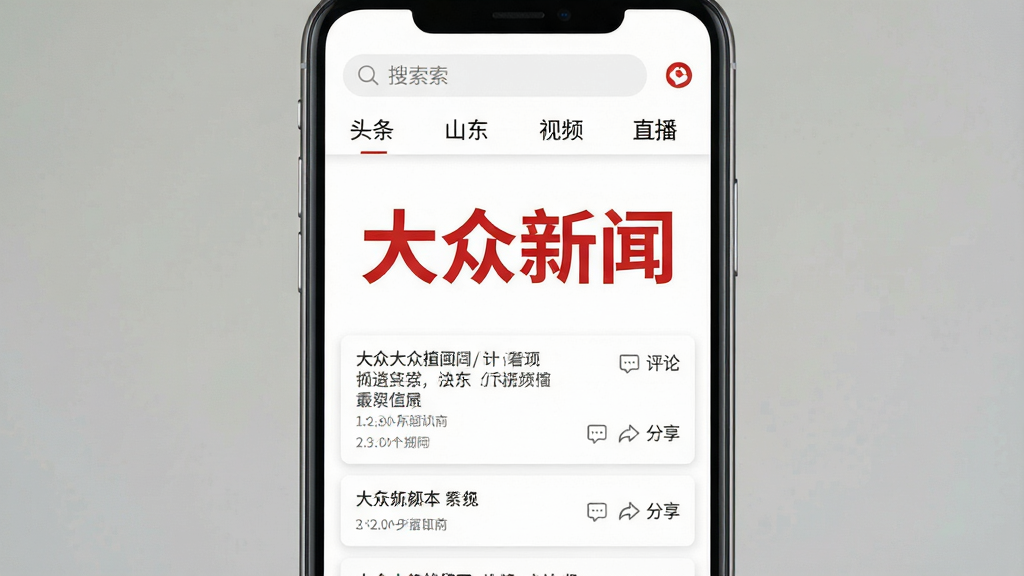 一张手机屏幕展示新闻资讯类应用界面的高清图片,画面中央是手机正视图,屏幕内呈现“大众新闻”四个大字的红色主题标志,背景是简洁的白色新闻卡片列表,包含头条、山东、视频、直播等频道标签,整体布局采用上下结构,上方为搜索栏和频道导航,下方为滚动新闻列表,风格现代简洁,细节包含时间戳、评论图标和分享按钮,画质清晰,干净,无多余元素
