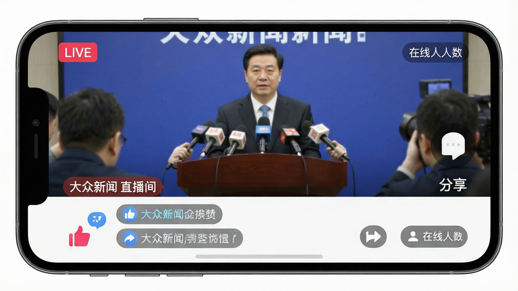 一张手机直播界面的AI生图,画面中央是手机横屏显示直播画面,画面内是新闻发布会现场,屏幕下方有“大众新闻”直播间字样和滚动评论框,布局为上下结构,上方视频区占主体,下方为互动区,风格现代扁平化,细节包含点赞图标、分享按钮、在线人数显示,画质清晰,干净,无多余元素