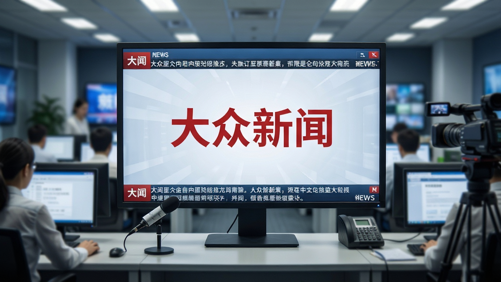 一张新闻编辑室场景的AI生图,画面主体是一块大型显示屏,屏幕中央显示“大众新闻”红色标志,周围是多名编辑记者在电脑前工作的虚化背景,布局采用中心对称构图,风格偏向纪实与科技感结合,细节包含显示屏上的新闻标题滚动条、麦克风、摄像机等采编设备,画质高清,干净,无多余元素