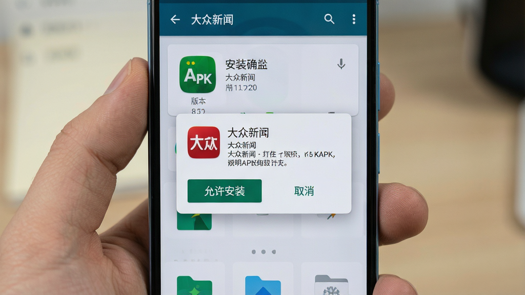 一张展示安卓手机安装APK文件过程的AI生图,画面主体是手机屏幕特写,屏幕中央显示“大众新闻”安装确认弹窗,包含“允许安装”和“取消”按钮,背景为文件管理器界面,布局采用居中卡片式设计,风格简洁实用,细节包含应用图标、版本号文字、权限说明小字,画质清晰,干净,无多余元素