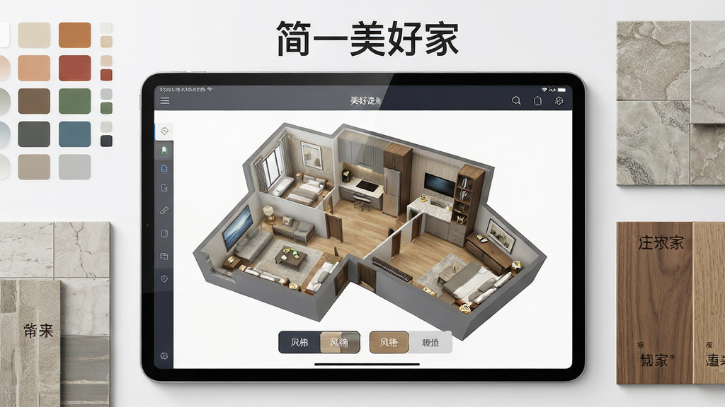 一张展示全屋定制方案预览界面的图片,画面主体为平板电脑屏幕,屏幕内呈现多个房间的3D布局图与风格切换按钮,周围环绕色卡、瓷砖样品和木材样板;排版采用居中对称布局,上方为软件名称简一美好家字样;风格为科技感写实风,细节强调屏幕反光与样品纹理,画质清晰干净,无多余元素
