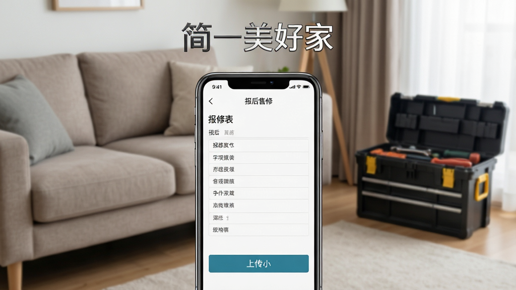 一张展示售后报修功能界面的图片,画面主体为手机屏幕,屏幕内显示报修表单与上传按钮,背景为家居环境一角,包含沙发和工具箱;排版采用居中构图,上方标注简一美好家名称;风格为生活化写实风,细节突出表单清晰度与工具质感,画质干净,无多余元素