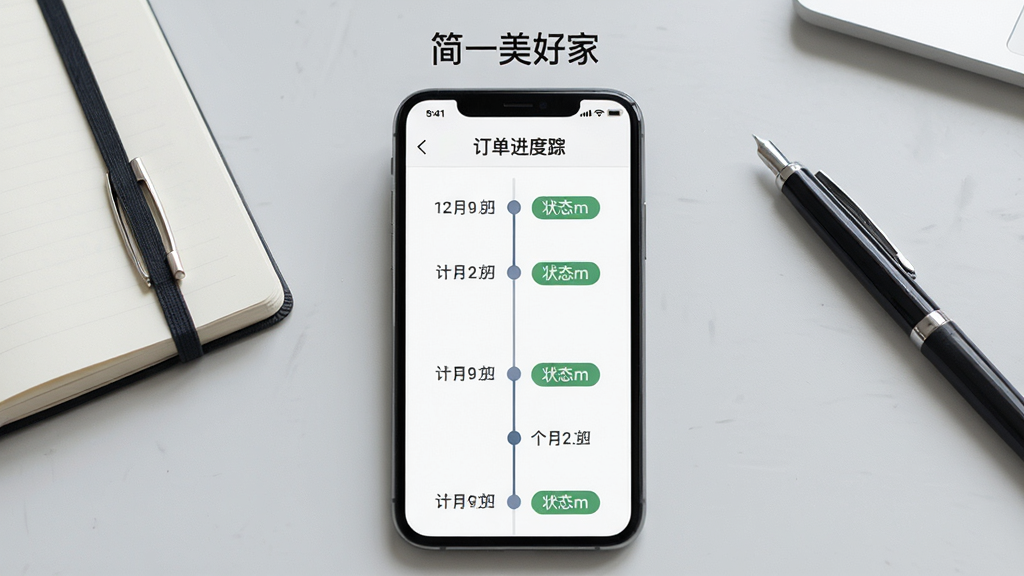 一张展示订单进度跟踪页面的图片,画面主体为手机屏幕,屏幕内显示时间轴式的进度节点与状态标签,背景为浅灰色工作台,旁边放置笔记本和笔;排版采用竖向构图,上方标注简一美好家名称;风格为商务简约风,细节突出界面清晰度与时间轴线条,画质干净,无多余元素