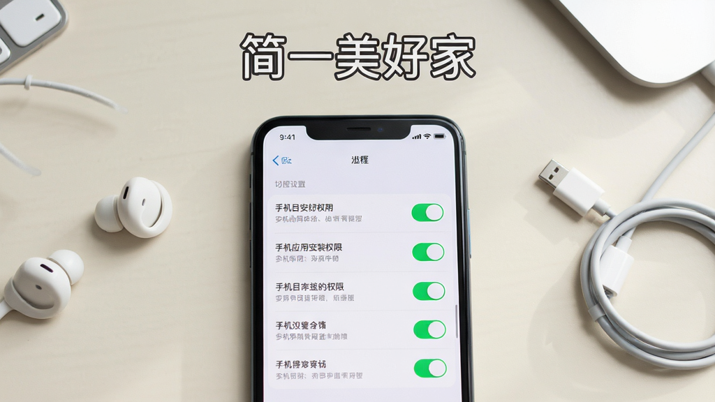 一张展示手机应用安装权限设置界面的图片,画面主体为手机屏幕,屏幕内显示权限开关列表与提示文字,背景为浅色桌面,旁边放置耳机和数据线;排版采用居中构图,上方标注简一美好家名称;风格为科技简约风,细节突出开关状态与界面清晰度,画质干净,无多余元素