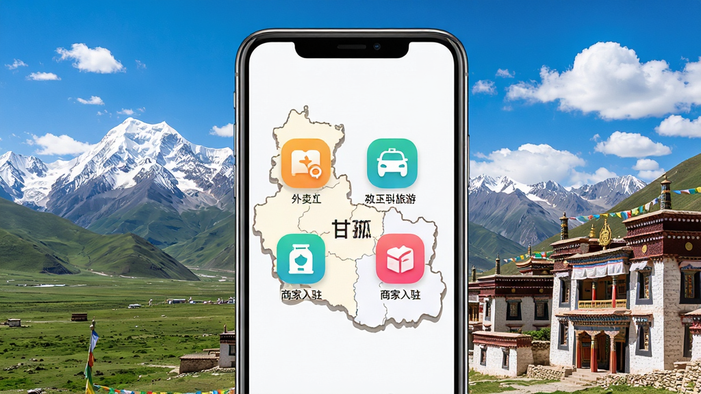 玩转甘孜APP主界面展示,画面中央是手机屏幕,屏幕上显示甘孜藏族自治州地图轮廓与外卖、旅游、商家入驻等彩色功能图标,背景是雪山、草原与藏式建筑群,蓝天白云,风格清新简洁,细节丰富,高画质,干净,无多余元素