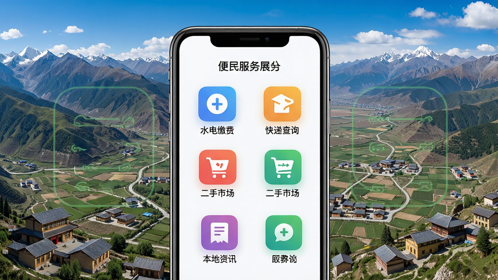 玩转甘孜便民服务功能展示,手机屏幕中排列着水电缴费、快递查询、二手市场、本地资讯等图标,背景是甘孜州全景俯瞰图,风格现代简洁,细节丰富,高画质,干净,无多余元素