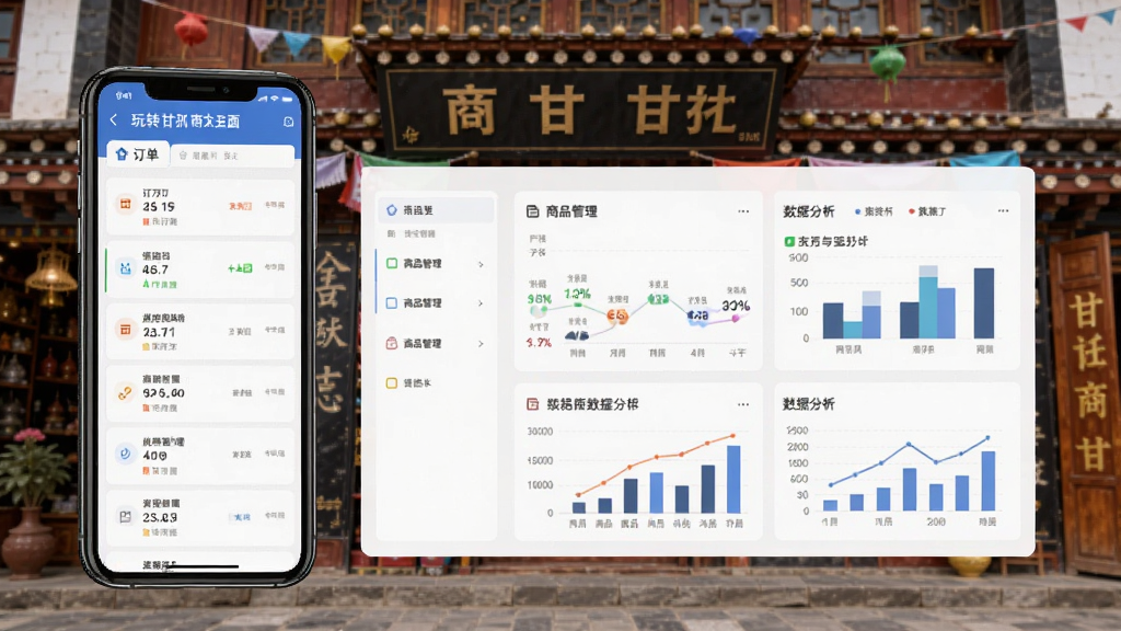 玩转甘孜商家入驻界面,手机屏幕显示商家后台管理面板,包含订单列表、商品管理、数据分析图表,背景是甘孜特色商铺门面,风格简约商务,细节丰富,高画质,干净,无多余元素