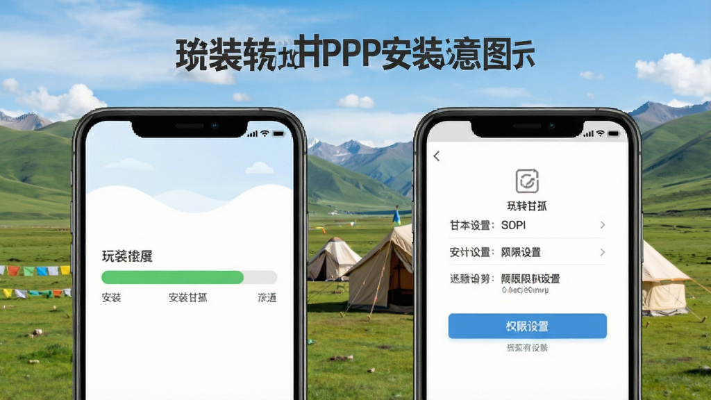 玩转甘孜APP安装教程示意图,手机屏幕显示安装进度条与权限设置界面,背景是甘孜草原与帐篷,风格简洁明了,细节清晰,高画质,干净,无多余元素