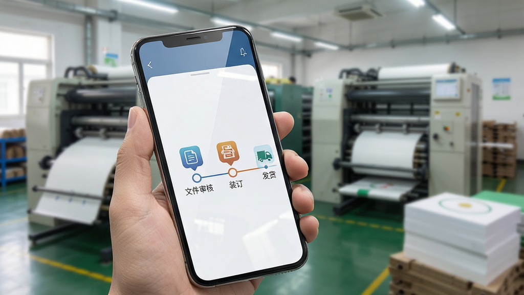 司诚印刷软件功能展示图,画面主体为一只手持智能手机,手机屏幕显示订单跟踪时间轴,时间轴上有“文件审核”“印刷中”“装订”“发货”等节点,背景为虚化的印刷车间,有印刷机和纸张,风格写实,细节包括手机屏幕反光、时间轴图标清晰,画质高清,干净无多余元素